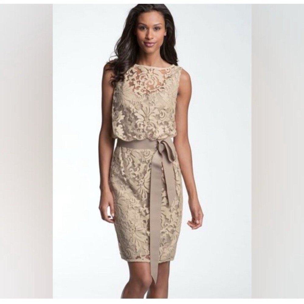 Tadashi Shoji Lace Overlay Ribbon Dress‎ Sleeveless Blouson Beige Formal Sz 6